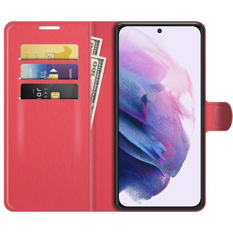 Litchi PU kožené peněženkové pouzdro na mobil Samsung Galaxy S22+ 5G - červené