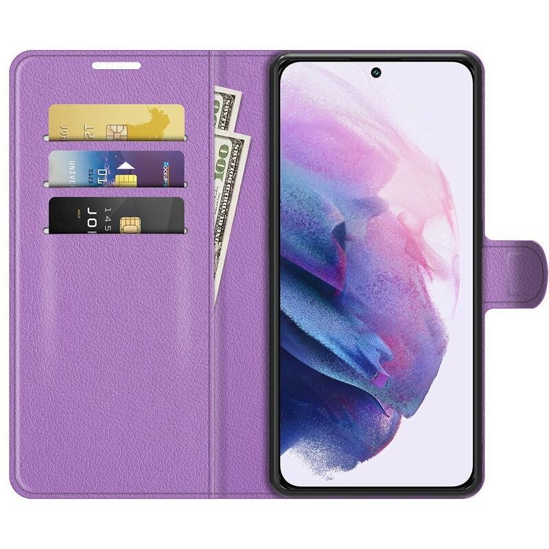 Litchi PU kožené peněženkové pouzdro na mobil Samsung Galaxy S22 5G - fialové