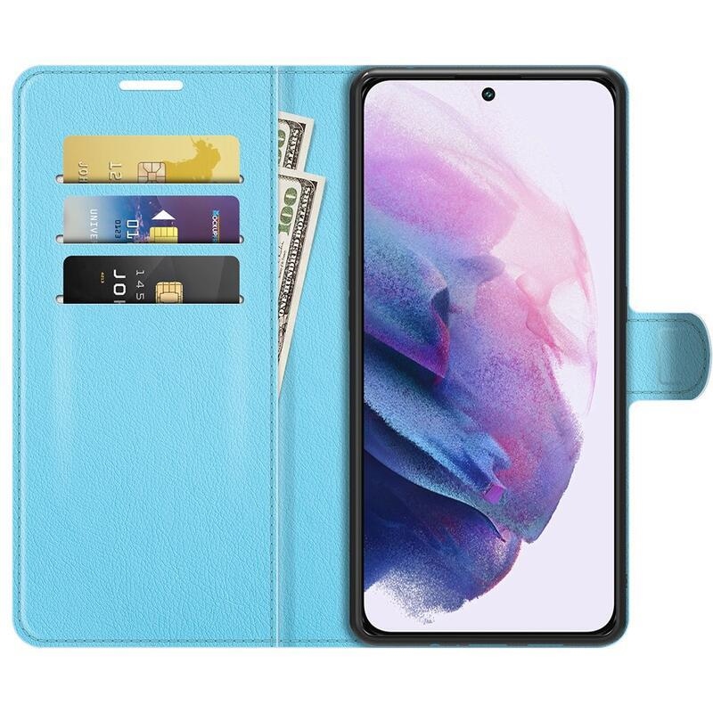 Litchi PU kožené peněženkové pouzdro na mobil Samsung Galaxy S22 5G - modré