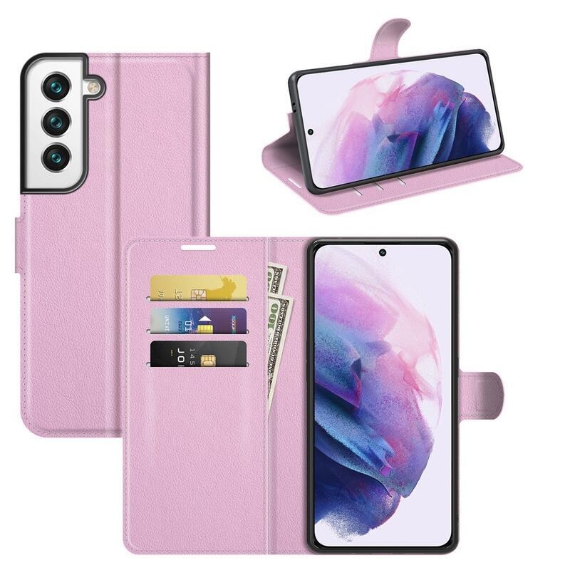 Litchi PU kožené peněženkové pouzdro na mobil Samsung Galaxy S22 5G - růžové