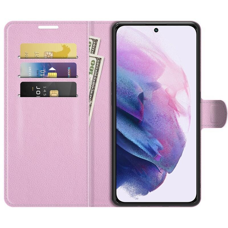 Litchi PU kožené peněženkové pouzdro na mobil Samsung Galaxy S22 5G - růžové