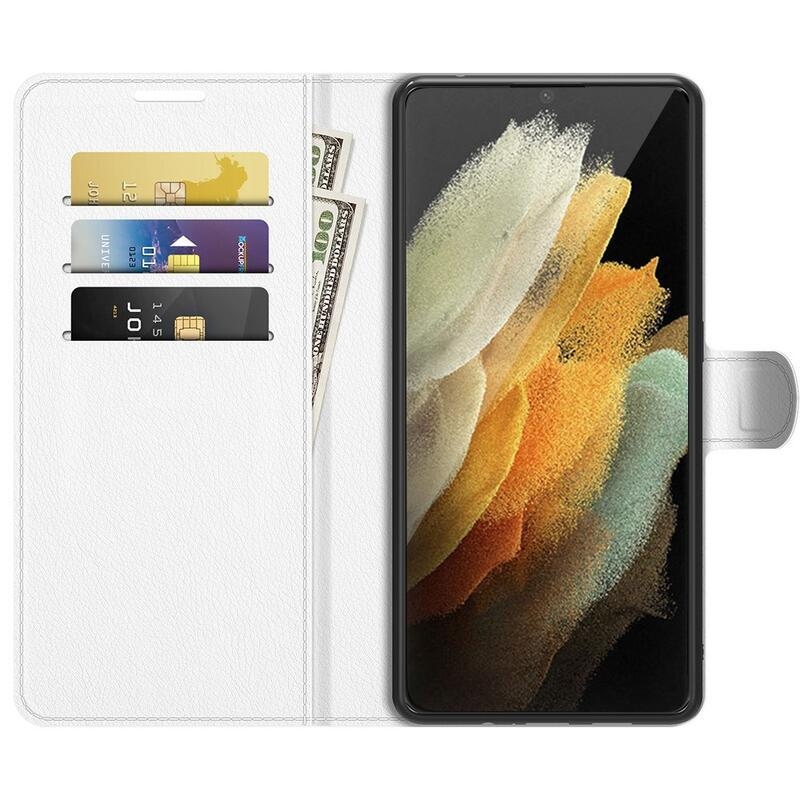 Litchi PU kožené peněženkové pouzdro na mobil Samsung Galaxy S22 Ultra 5G - bílé