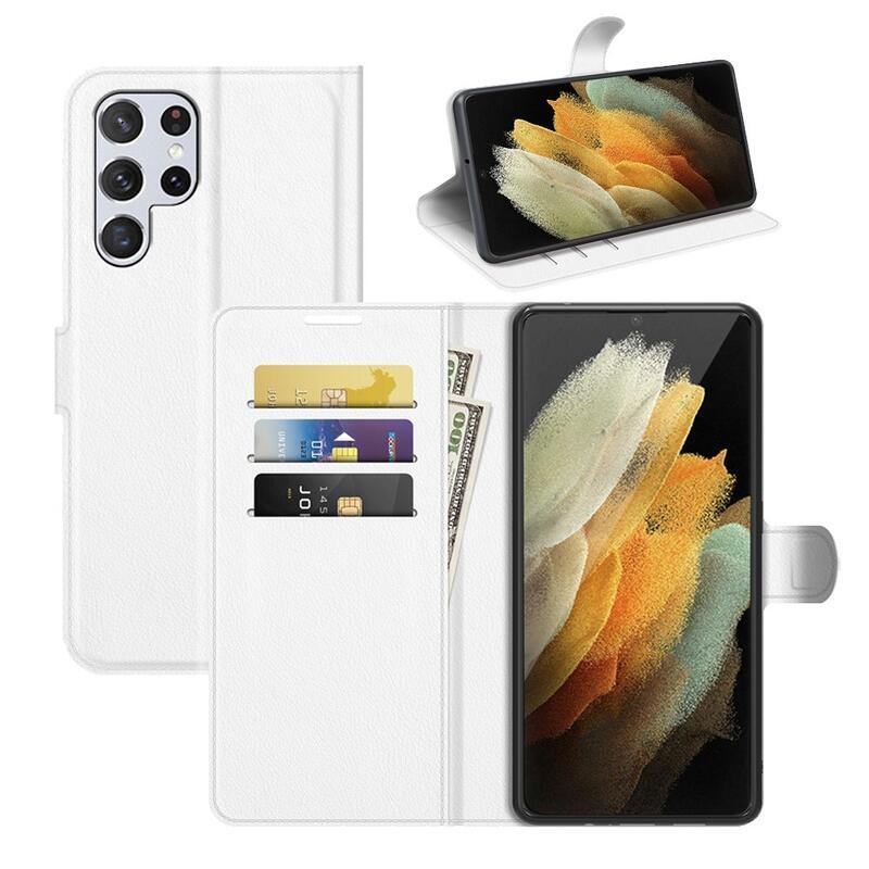 Litchi PU kožené peněženkové pouzdro na mobil Samsung Galaxy S22 Ultra 5G - bílé