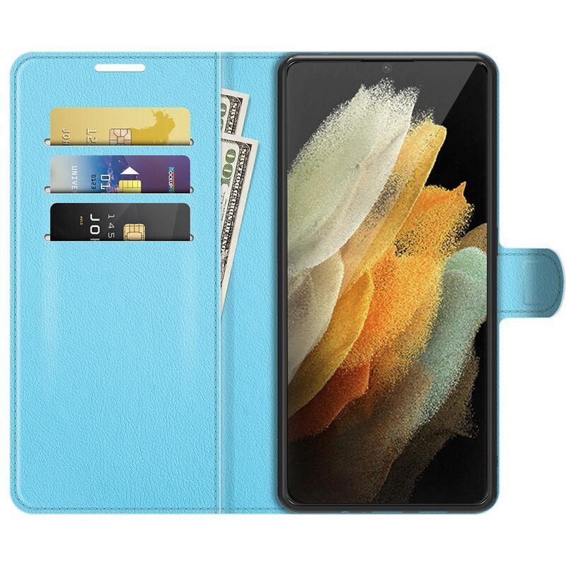 Litchi PU kožené peněženkové pouzdro na mobil Samsung Galaxy S22 Ultra 5G - modré