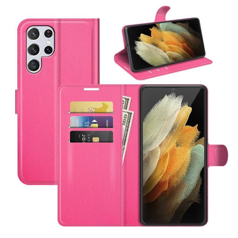 Litchi PU kožené peněženkové pouzdro na mobil Samsung Galaxy S22 Ultra 5G - rose