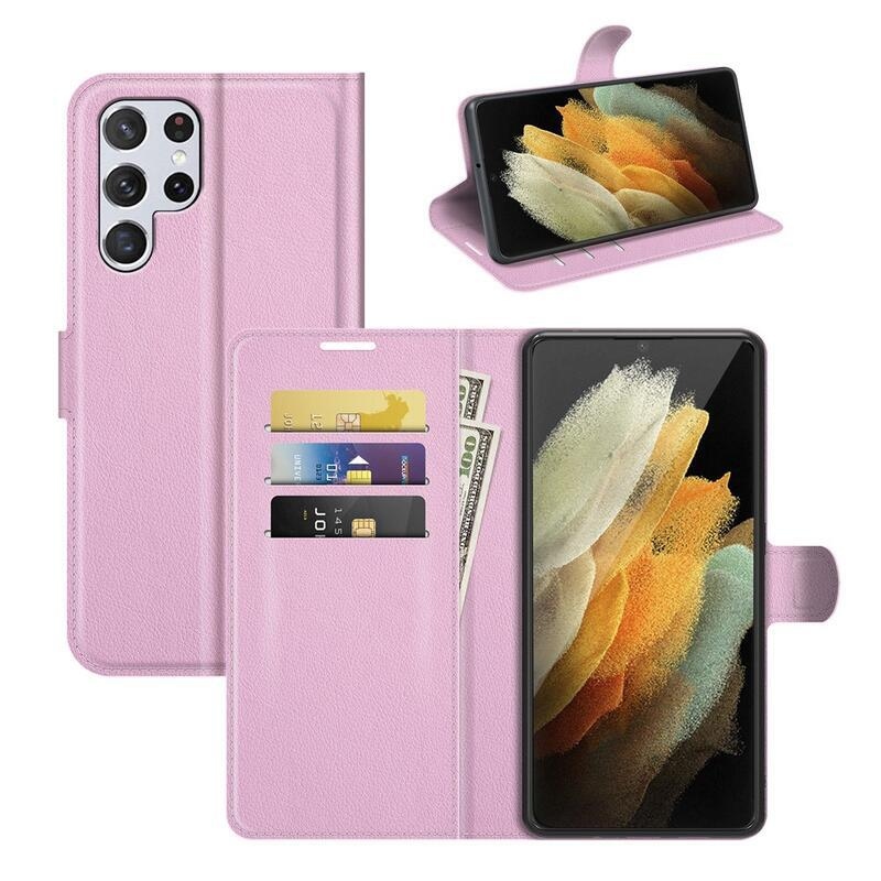 Litchi PU kožené peněženkové pouzdro na mobil Samsung Galaxy S22 Ultra 5G - růžové