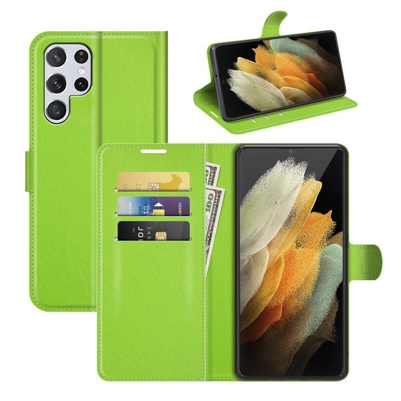 Litchi PU kožené peněženkové pouzdro na mobil Samsung Galaxy S22 Ultra 5G - zelené