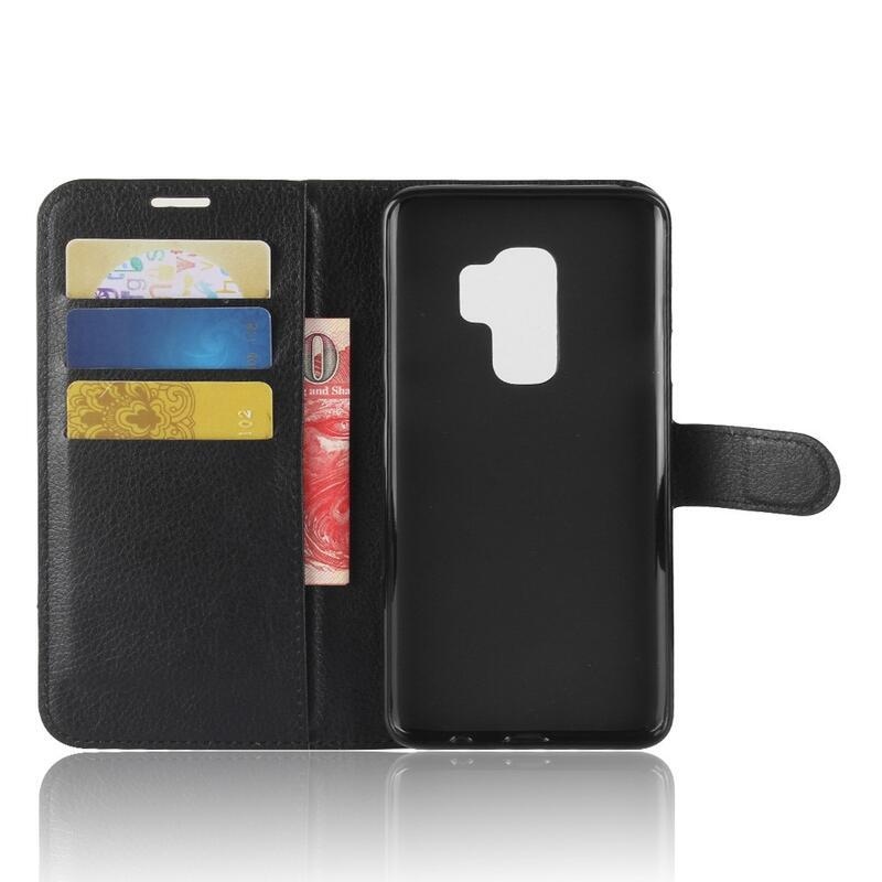 Litchi PU kožené peněženkové pouzdro na mobil Samsung Galaxy S9+ - černé