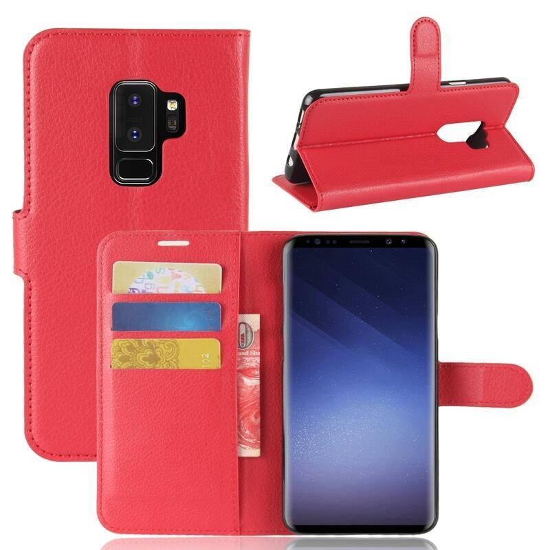 Litchi PU kožené peněženkové pouzdro na mobil Samsung Galaxy S9+ - červené