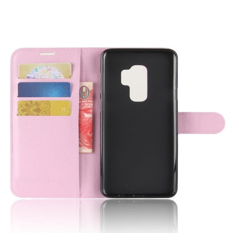 Litchi PU kožené peněženkové pouzdro na mobil Samsung Galaxy S9+ - růžové