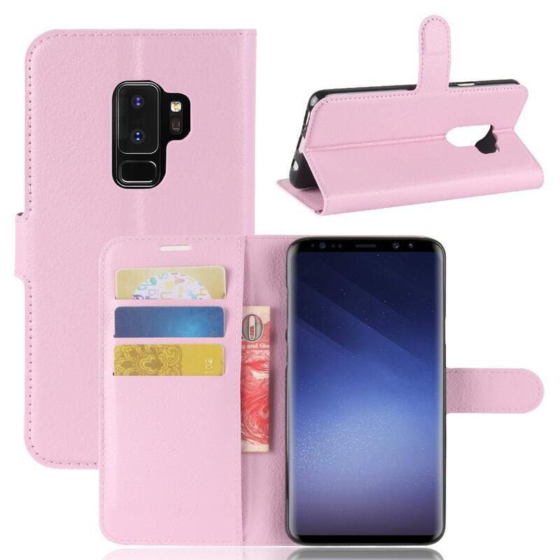 Litchi PU kožené peněženkové pouzdro na mobil Samsung Galaxy S9+ - růžové
