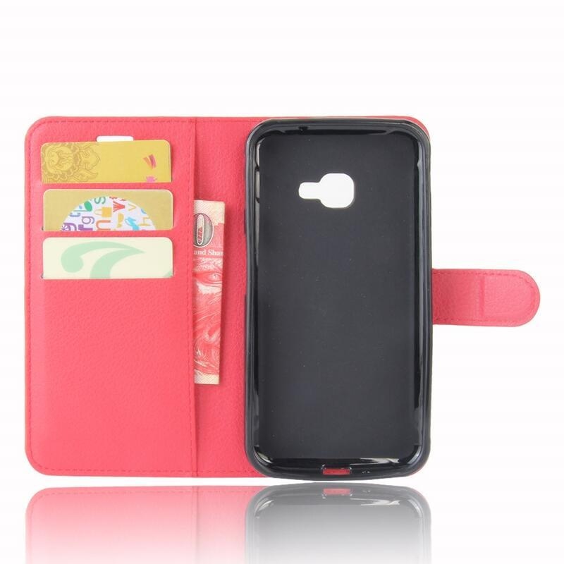 Litchi PU kožené peněženkové pouzdro na mobil Samsung Galaxy Xcover 4/4S - červené