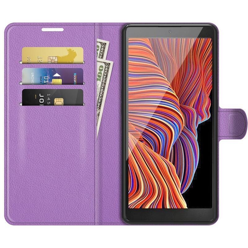 Litchi PU kožené peněženkové pouzdro na mobil Samsung Galaxy Xcover 5 - fialové