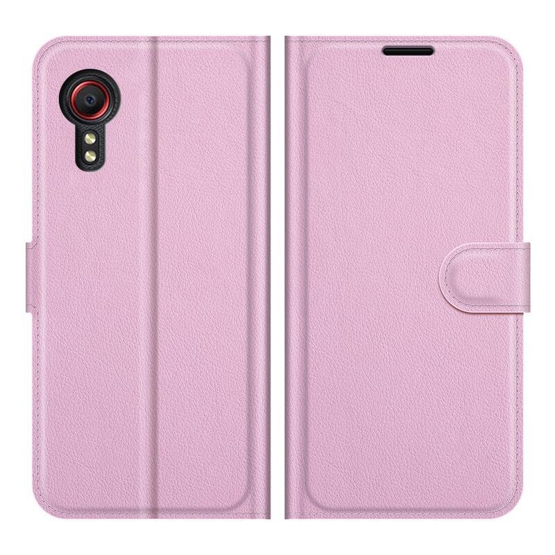 Litchi PU kožené peněženkové pouzdro na mobil Samsung Galaxy Xcover 5 - růžové