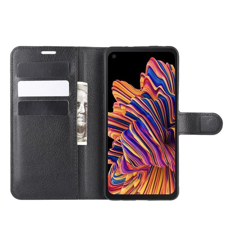 Litchi PU kožené peněženkové pouzdro na mobil Samsung Galaxy Xcover Pro - černé