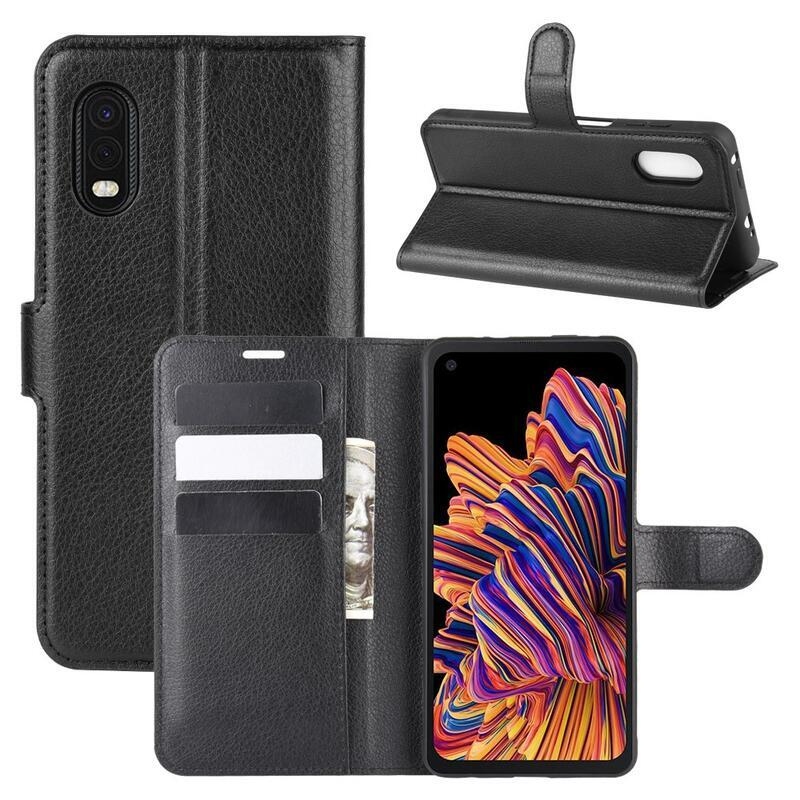 Litchi PU kožené peněženkové pouzdro na mobil Samsung Galaxy Xcover Pro - černé