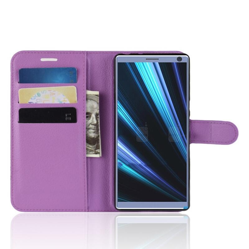 Litchi PU kožené peněženkové pouzdro na mobil Sony Xperia 10 - fialové
