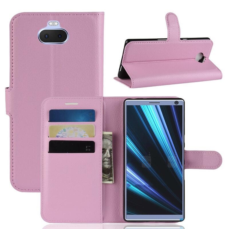 Litchi PU kožené peněženkové pouzdro na mobil Sony Xperia 10 - růžové