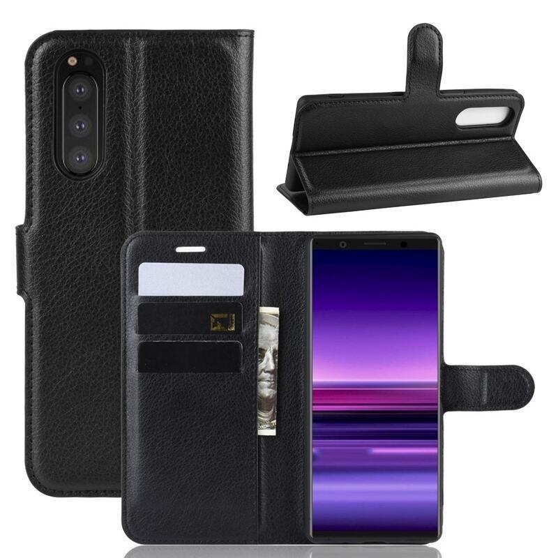 Litchi PU kožené peněženkové pouzdro na mobil Sony Xperia 5 - černé -  Mpouzdra.cz