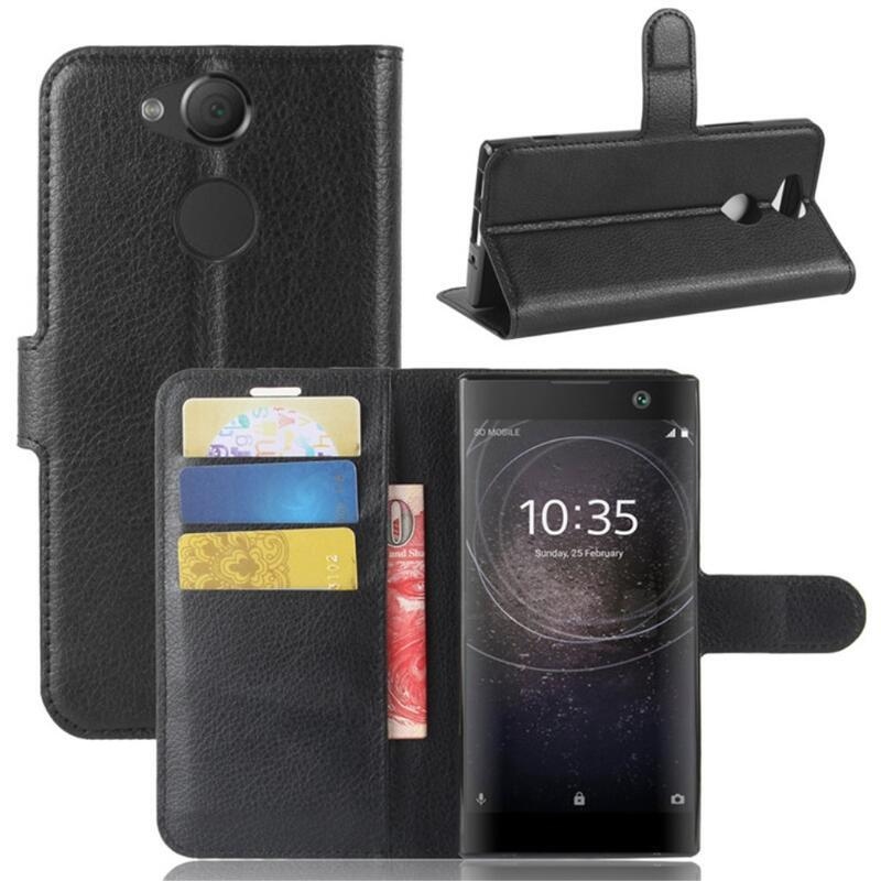 Litchi PU kožené peněženkové pouzdro na mobil Sony Xperia XA2 - černé