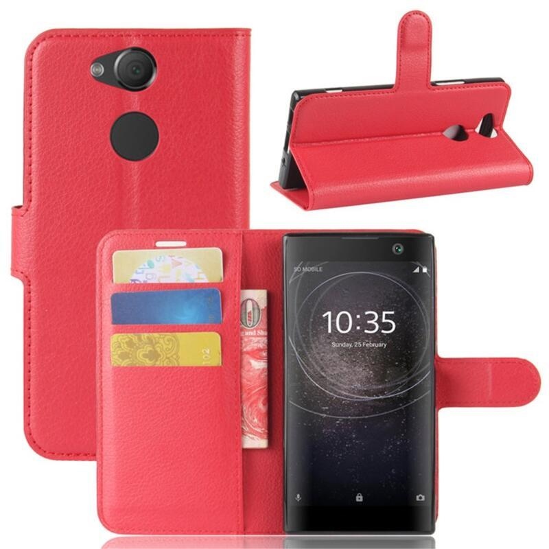 Litchi PU kožené peněženkové pouzdro na mobil Sony Xperia XA2 - červené