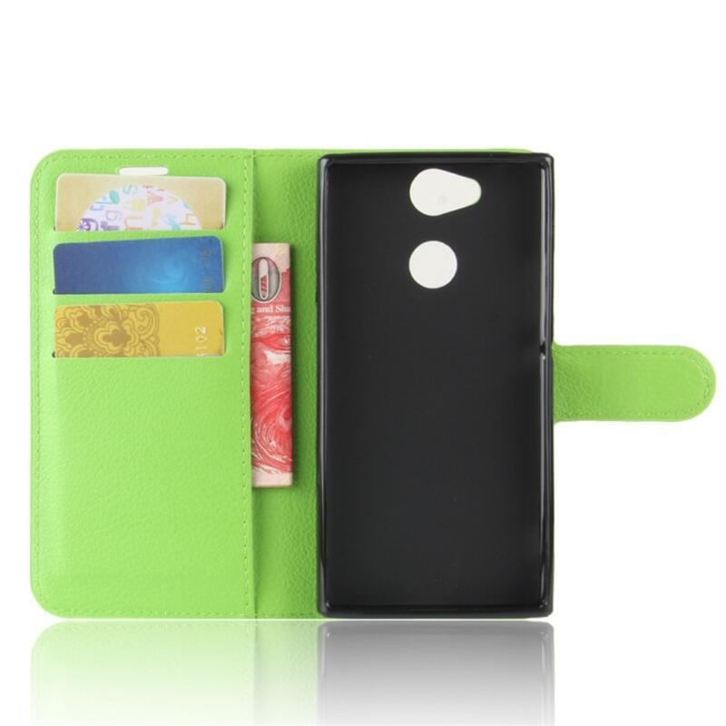 Litchi PU kožené peněženkové pouzdro na mobil Sony Xperia XA2 - zelené