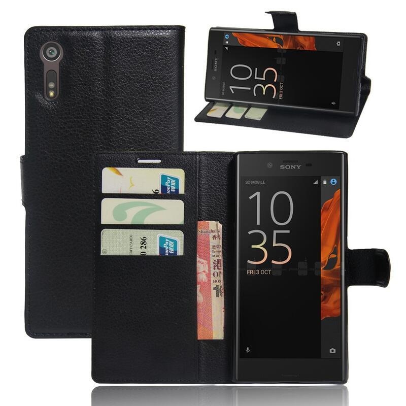 Litchi PU kožené peněženkové pouzdro na mobil Sony Xperia XZ - černé