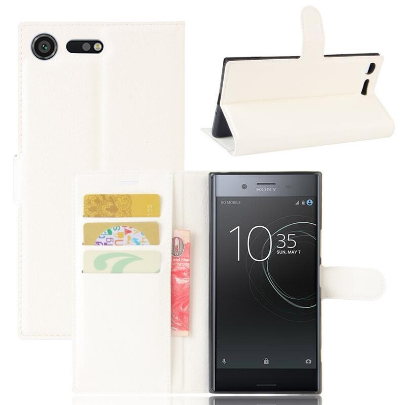 Litchi PU kožené peněženkové pouzdro na mobil Sony Xperia XZ Premium - bílé