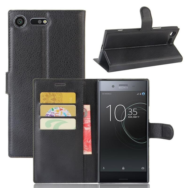 Litchi PU kožené peněženkové pouzdro na mobil Sony Xperia XZ Premium - černé