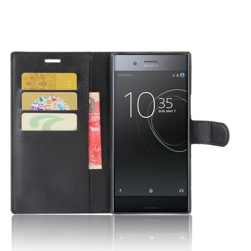 Litchi PU kožené peněženkové pouzdro na mobil Sony Xperia XZ Premium - černé