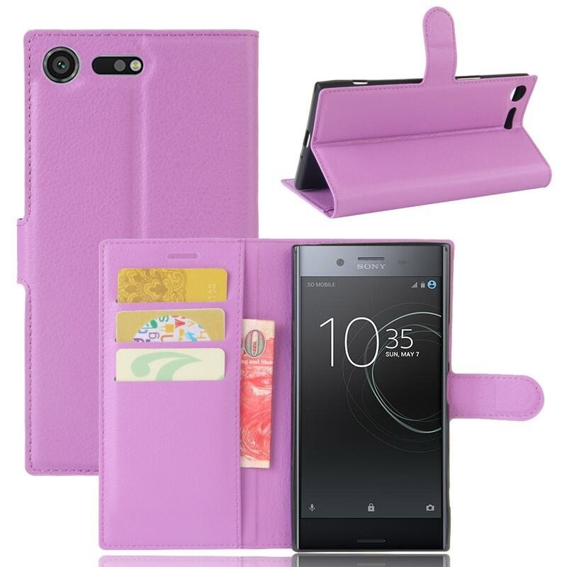 Litchi PU kožené peněženkové pouzdro na mobil Sony Xperia XZ Premium - fialové