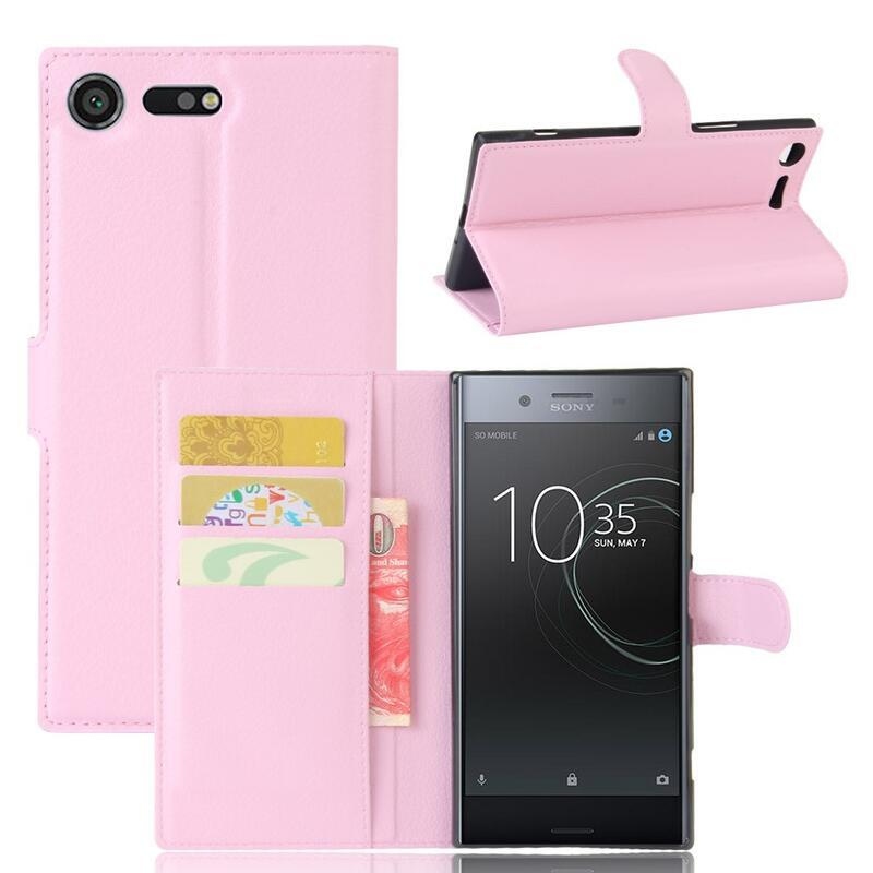 Litchi PU kožené peněženkové pouzdro na mobil Sony Xperia XZ Premium - růžové