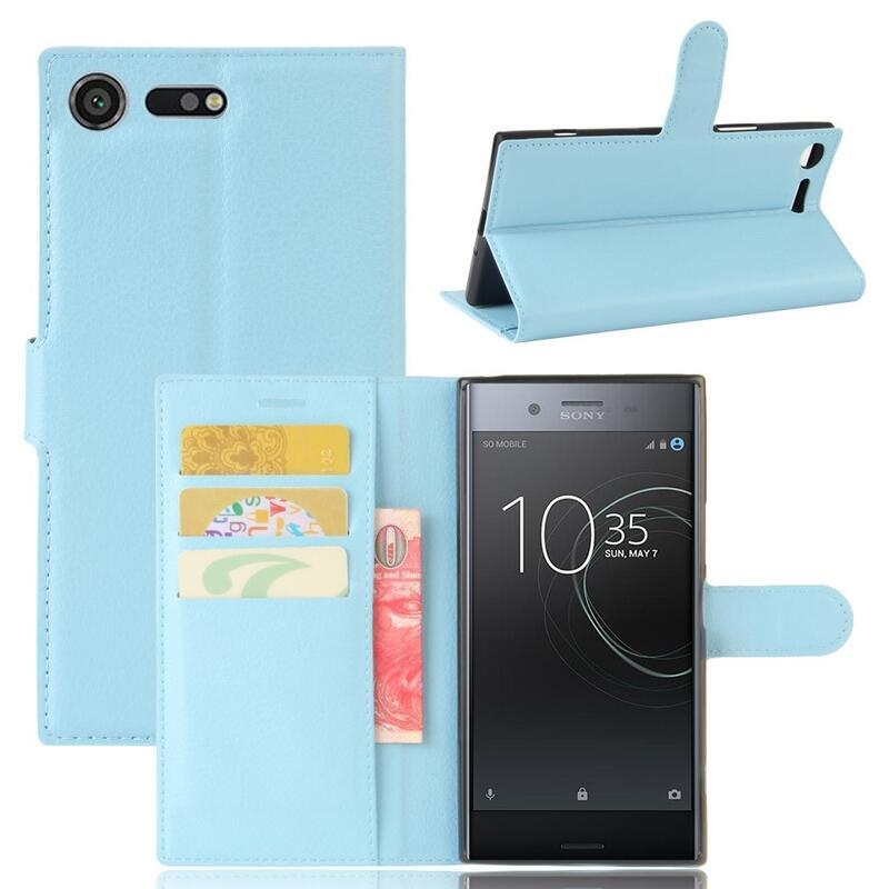 Litchi PU kožené peněženkové pouzdro na mobil Sony Xperia XZ Premium - světlemodré