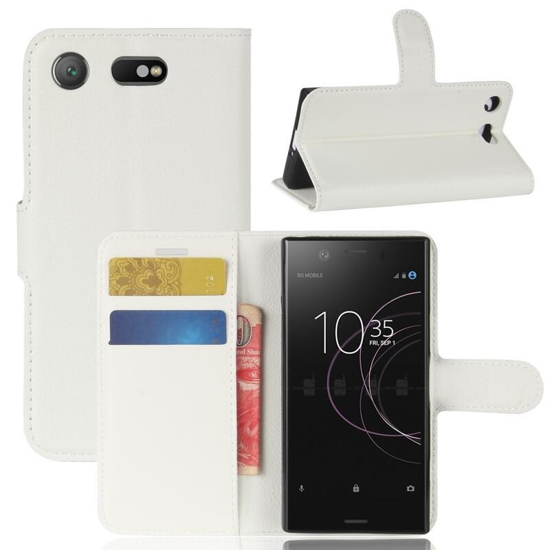 Litchi PU kožené peněženkové pouzdro na mobil Sony Xperia XZ1 Compact - bílé