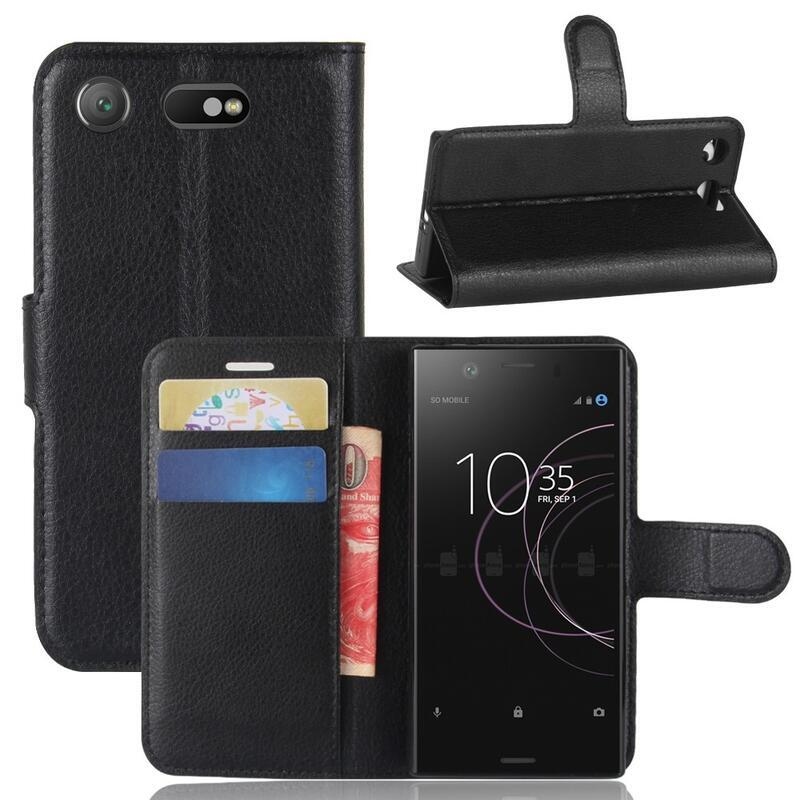Litchi PU kožené peněženkové pouzdro na mobil Sony Xperia XZ1 Compact - černé