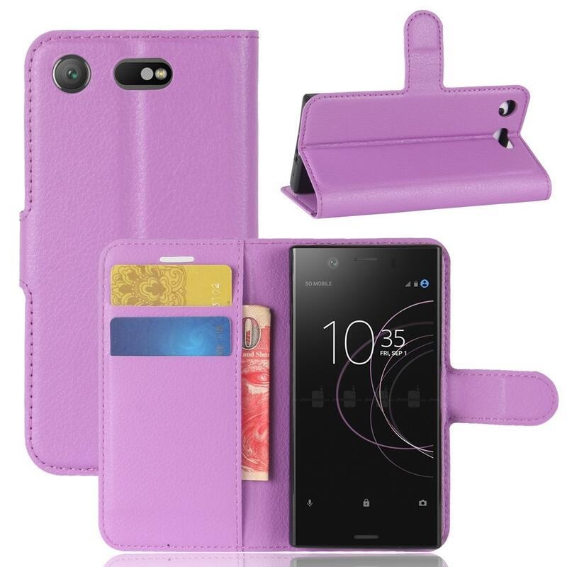 Litchi PU kožené peněženkové pouzdro na mobil Sony Xperia XZ1 Compact - fialové