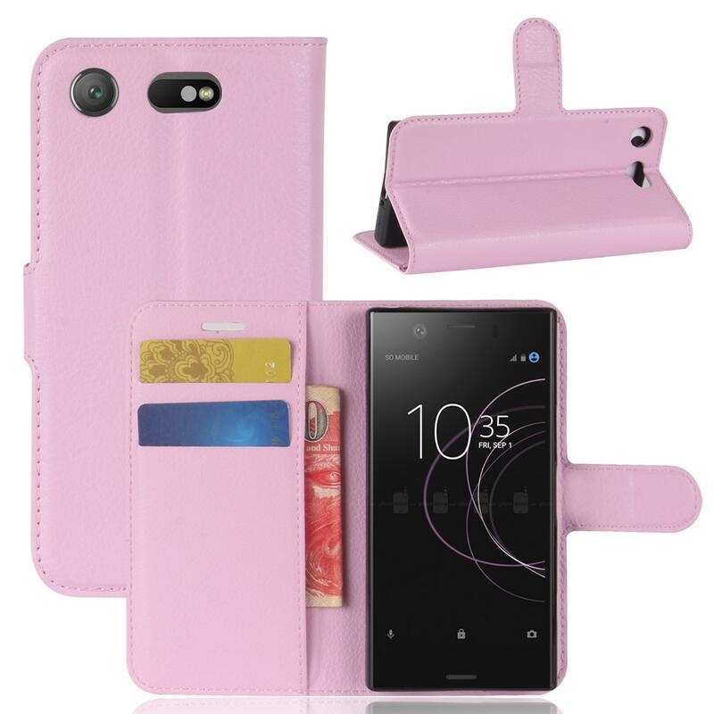 Litchi PU kožené peněženkové pouzdro na mobil Sony Xperia XZ1 Compact - růžové