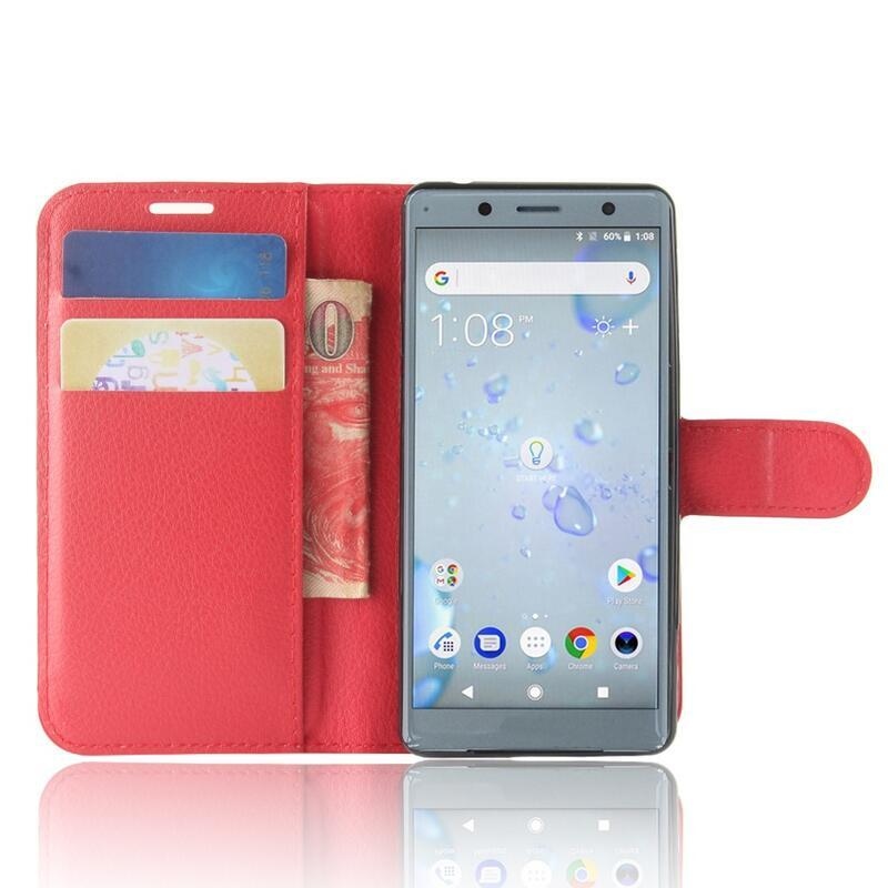 Litchi PU kožené peněženkové pouzdro na mobil Sony Xperia XZ2 Compact - červené