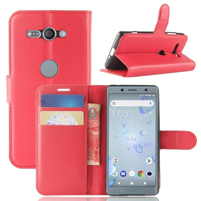 Litchi PU kožené peněženkové pouzdro na mobil Sony Xperia XZ2 Compact - červené