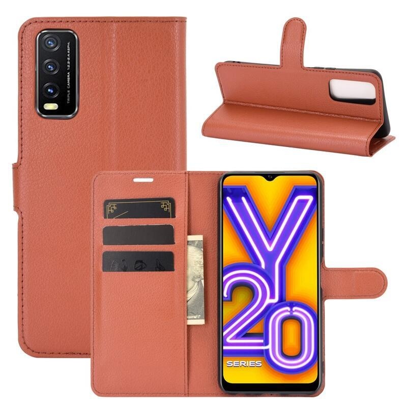 Litchi PU kožené peněženkové pouzdro na mobil Vivo Y20s/Y11s - hnědé