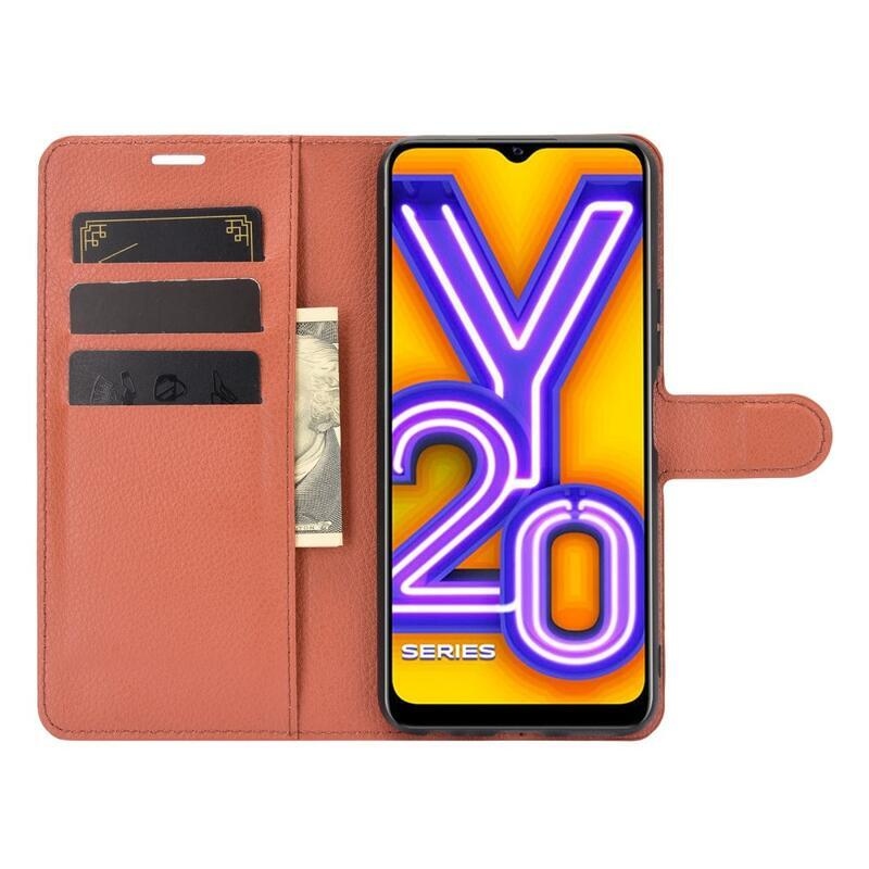 Litchi PU kožené peněženkové pouzdro na mobil Vivo Y20s/Y11s - hnědé