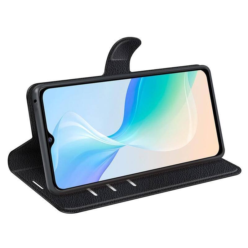 Litchi PU kožené peněženkové pouzdro na mobil Vivo Y76 5G/Y76s - černé