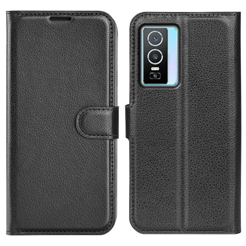 Litchi PU kožené peněženkové pouzdro na mobil Vivo Y76 5G/Y76s - černé