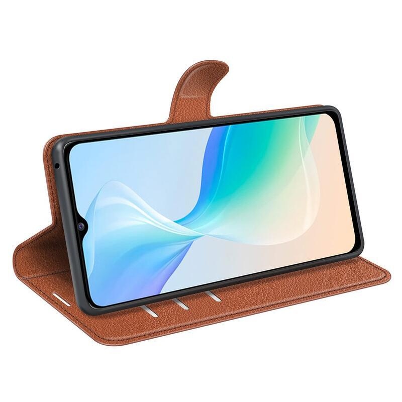Litchi PU kožené peněženkové pouzdro na mobil Vivo Y76 5G/Y76s - hnědé