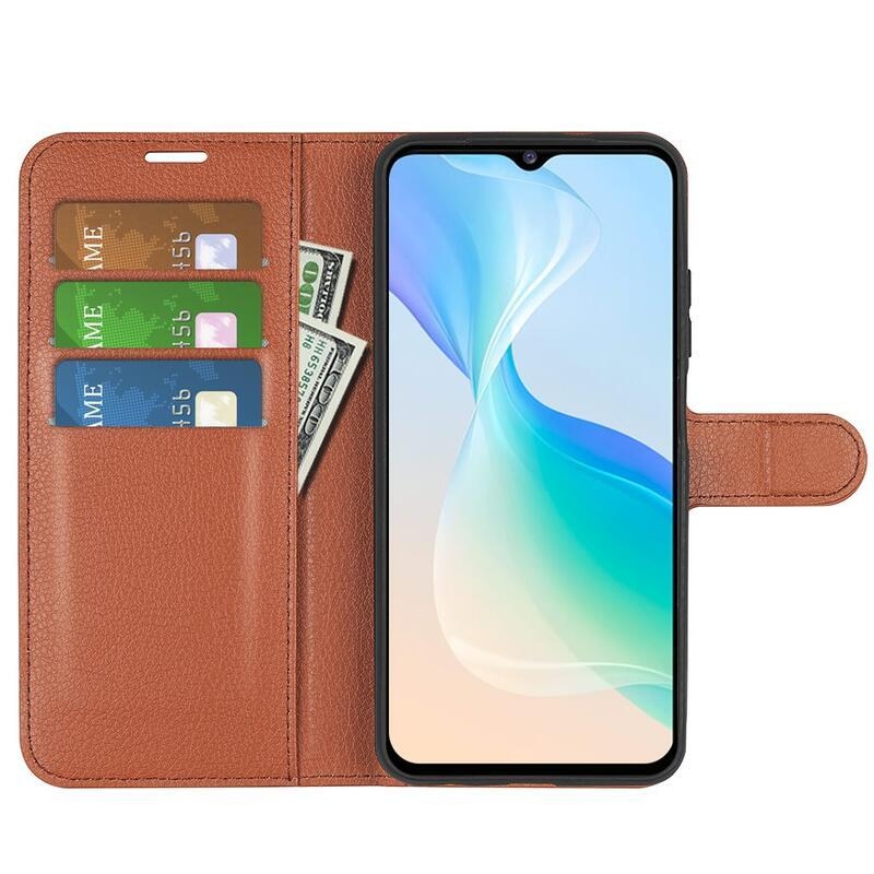 Litchi PU kožené peněženkové pouzdro na mobil Vivo Y76 5G/Y76s - hnědé