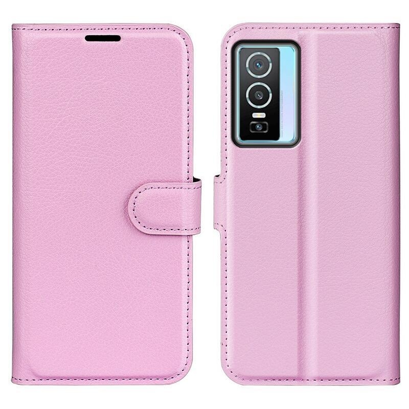 Litchi PU kožené peněženkové pouzdro na mobil Vivo Y76 5G/Y76s - růžové