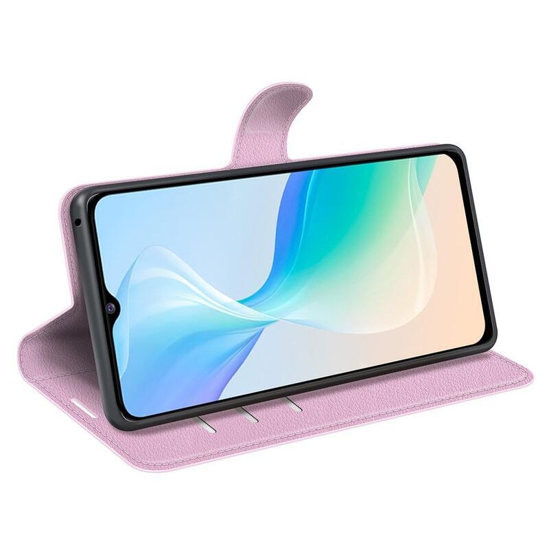 Litchi PU kožené peněženkové pouzdro na mobil Vivo Y76 5G/Y76s - růžové