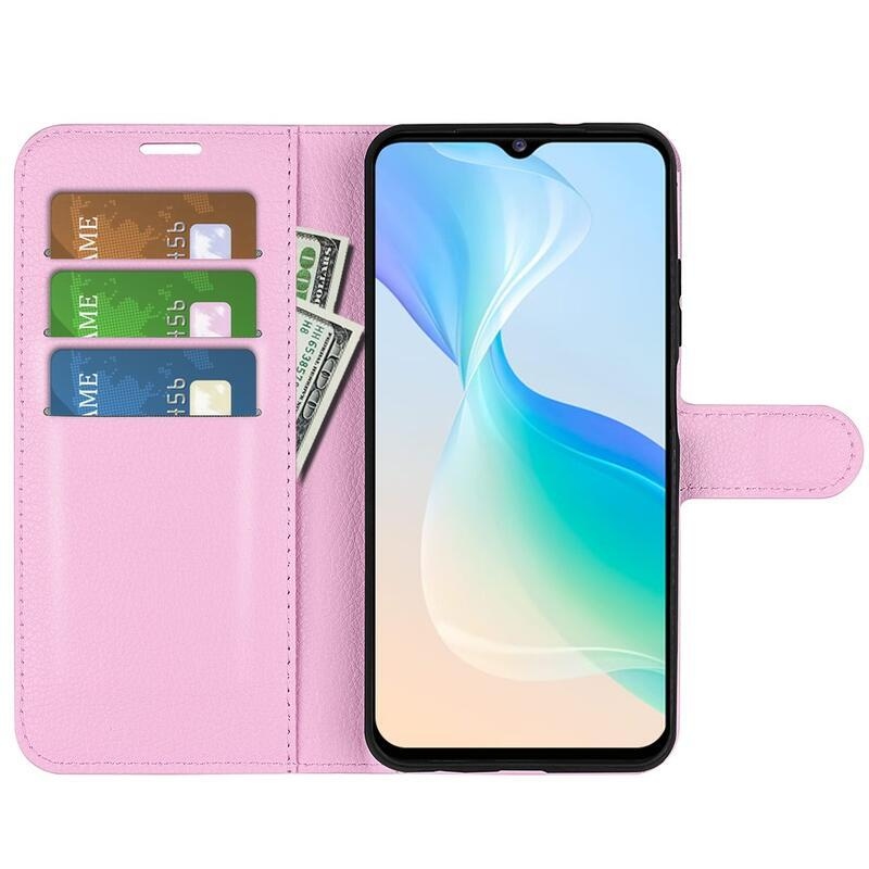 Litchi PU kožené peněženkové pouzdro na mobil Vivo Y76 5G/Y76s - růžové