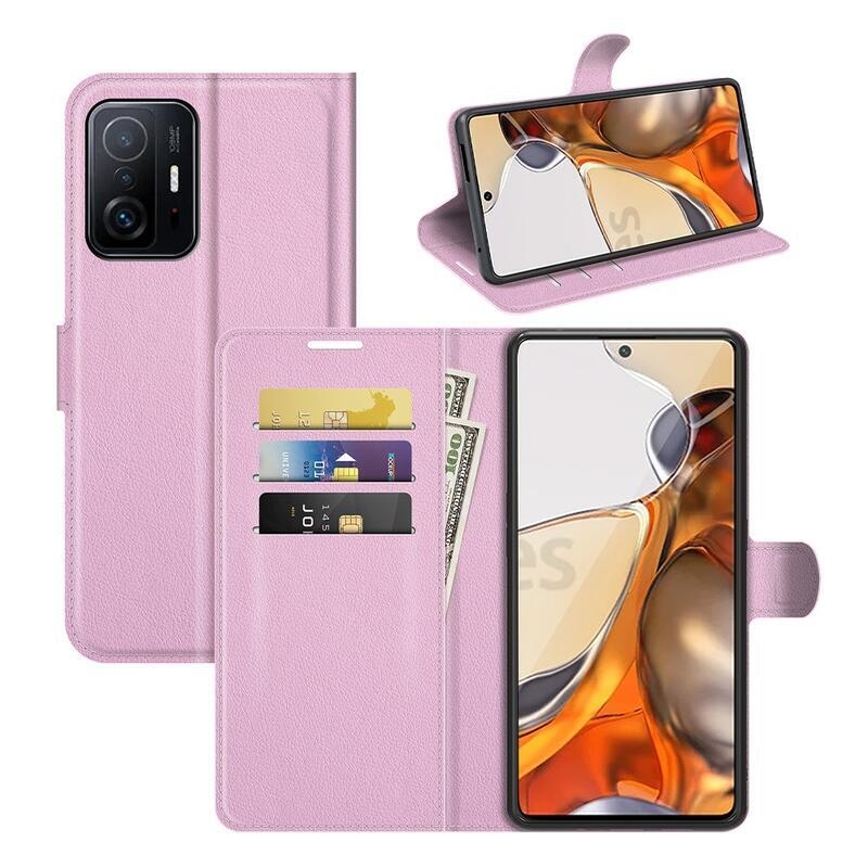 Litchi PU kožené peněženkové pouzdro na mobil Xiaomi 11T/11T Pro - růžové