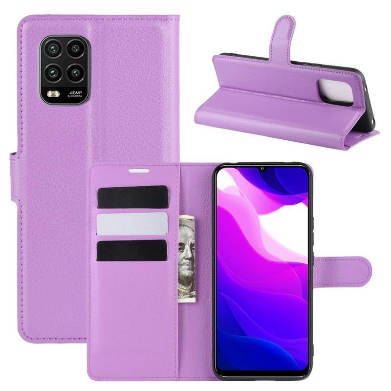Litchi PU kožené peněženkové pouzdro na mobil Xiaomi Mi 10 Lite - fialové